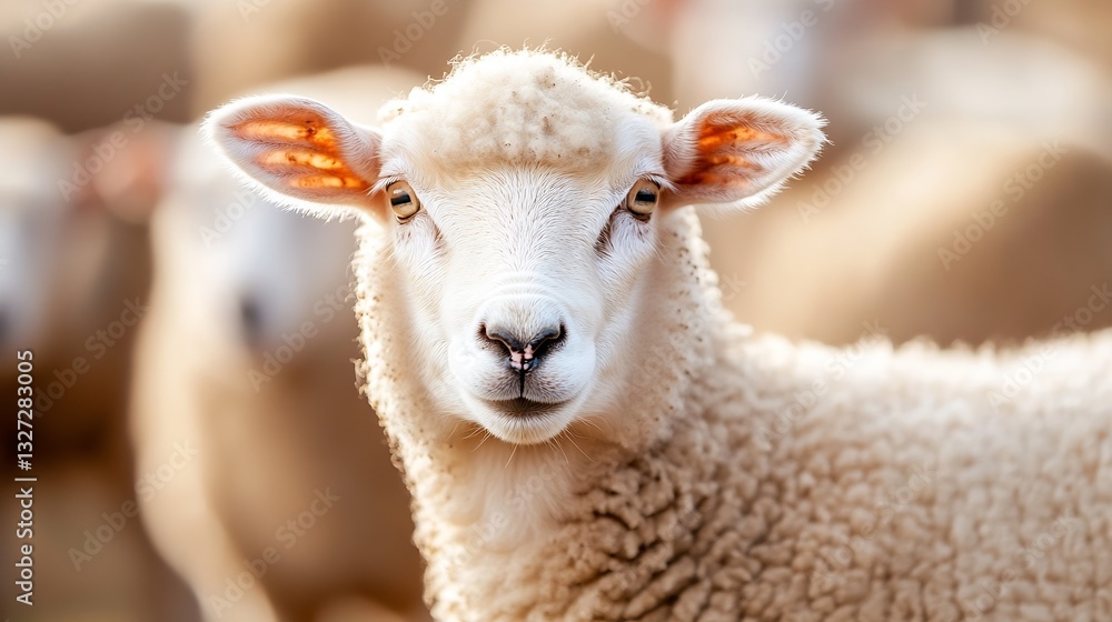 Poster Adorable close up of a sheep showcasing its fluffy wool and curious expression in a peaceful farm setting : Generative AI