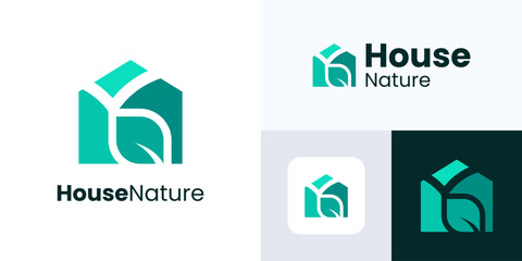 House nature logo design, Garden green environment, House logo with natural leaves, Leaf home logo for Real estate, Residential, Forest, Villa, Construction, Green house, Business, Nature home logo.
