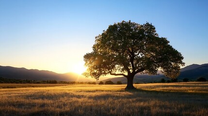 Fototapeta premium Majestic solitary tree under a beautiful golden sunset in a serene landscape : Generative AI