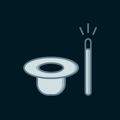 Line Magic hat and wand icon isolated on black background. Magic trick. Mystery entertainment concept. Flat filled outline style with shadow. Vector