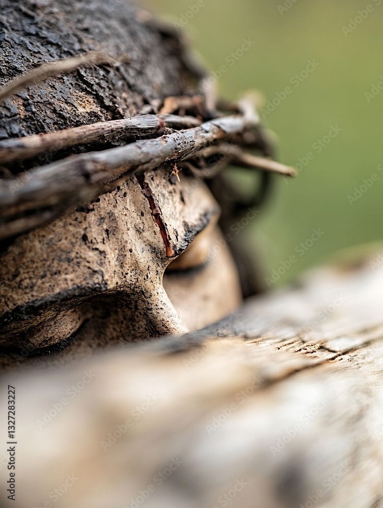Poster close up view of a serene statue representation with a crown of twigs capturing deep emotions : gene