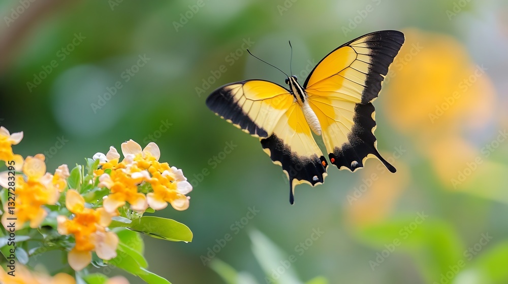 Poster beautiful butterfly hovering over vibrant yellow flowers in a lush garden setting : generative ai