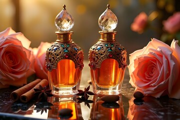 Amber Perfume Bottles with Roses Luxurious