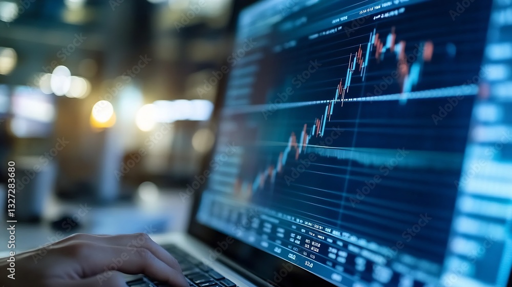 Poster Close up of a laptop screen displaying stock market trends and financial data in a modern working environment : Generative AI