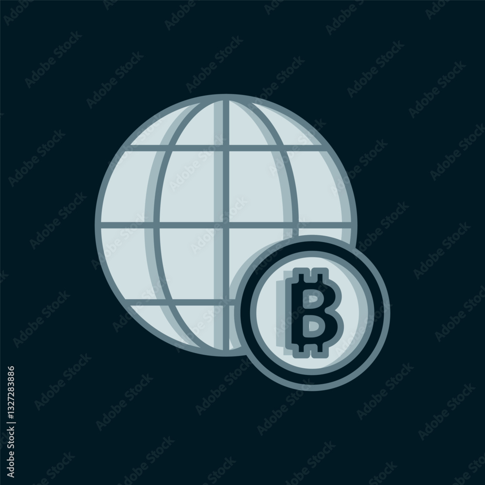 Poster line globe and cryptocurrency coin bitcoin icon isolated on black background. physical bit coin. blo