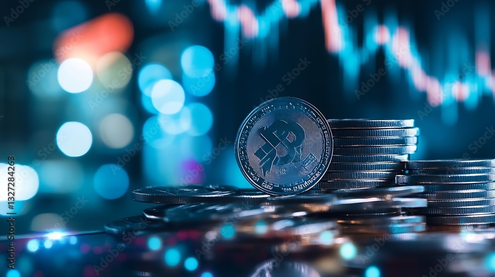 Poster cryptocurrency coins stacked on a vibrant trading platform highlighting digital finance and investme