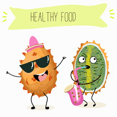 Bael fruit cute funny cheerful characters with different poses and emotions, wood apple whole and sliced. Vector hand drawn illistration.