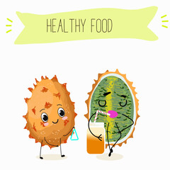 Bael fruit cute funny cheerful characters with different poses and emotions, wood apple whole and sliced. Vector hand drawn illistration.