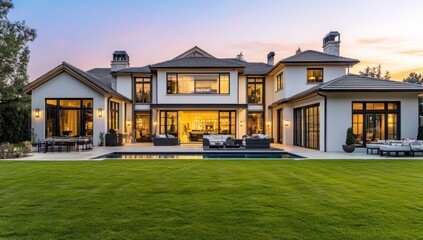 Modern Luxury Home Exterior at Sunset with Pool and Patio