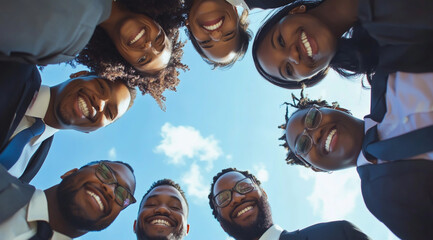 Wide-angle photo of a group of Black business people smiling and looking down at the camera,