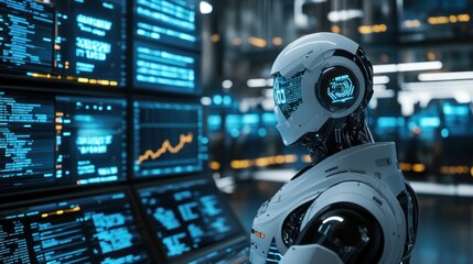 Fototapeta premium Futuristic AI-Powered Trading Center with Automated Robot Analyzing Financial Data