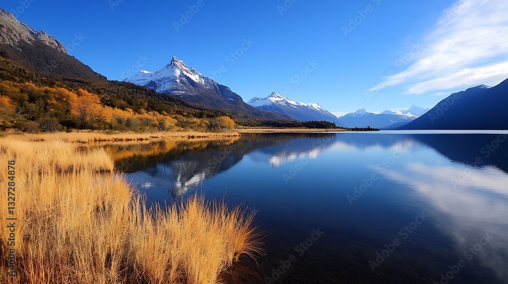 Poster stunning scenic view of mountains reflecting in a calm lake surrounded by golden autumn foliage : ge