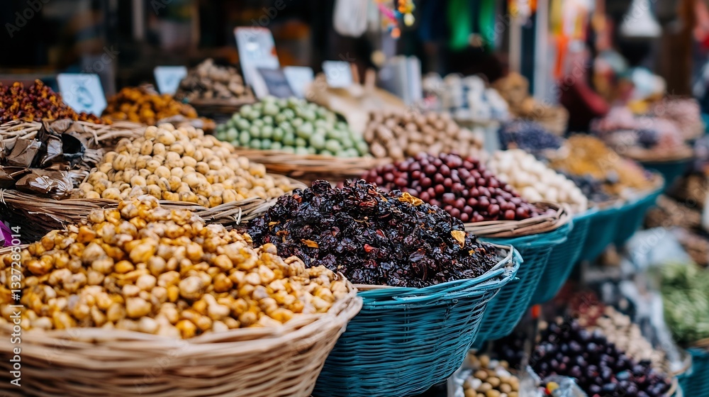 Poster vibrant market display of various dried fruits and nuts in woven baskets : generative ai