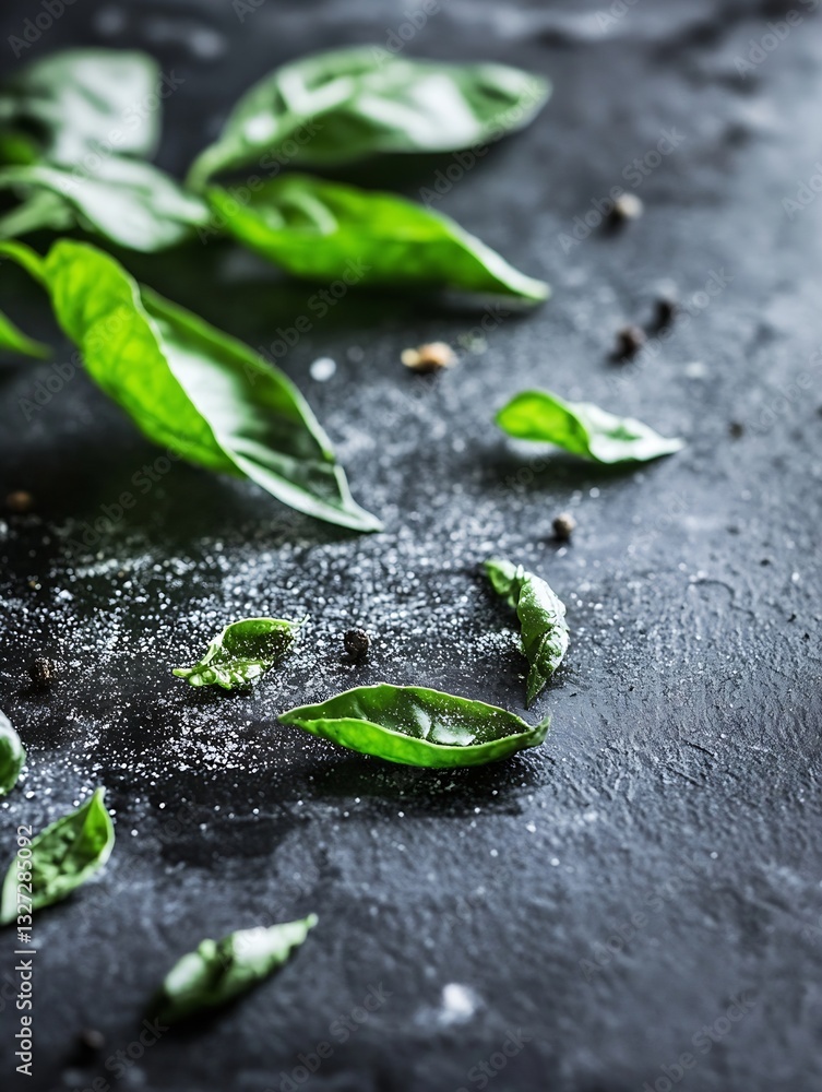 Poster fresh basil leaves scattered artistically on a black stone surface with seasoning adding to their fl