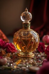 Ornate Perfume Bottle with Jewel-Encrusted details represents Indulgence against a Dark Reflective Surface