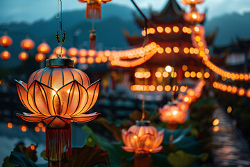 buddhist temple celebrations, wesak day celebration with serene buddhist temple, golden lotus lanterns gently swaying, and a peaceful atmosphere