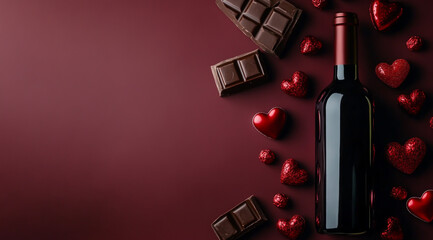 Wine bottles, chocolates, and candies on a red background with copy space for a Valentine's Day celebration or Christmas holiday greeting card banner.