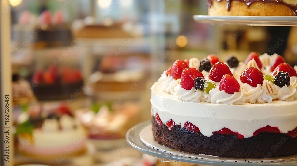 Poster Delicious cream cake topped with fresh strawberries and raspberries in a display case : Generative AI