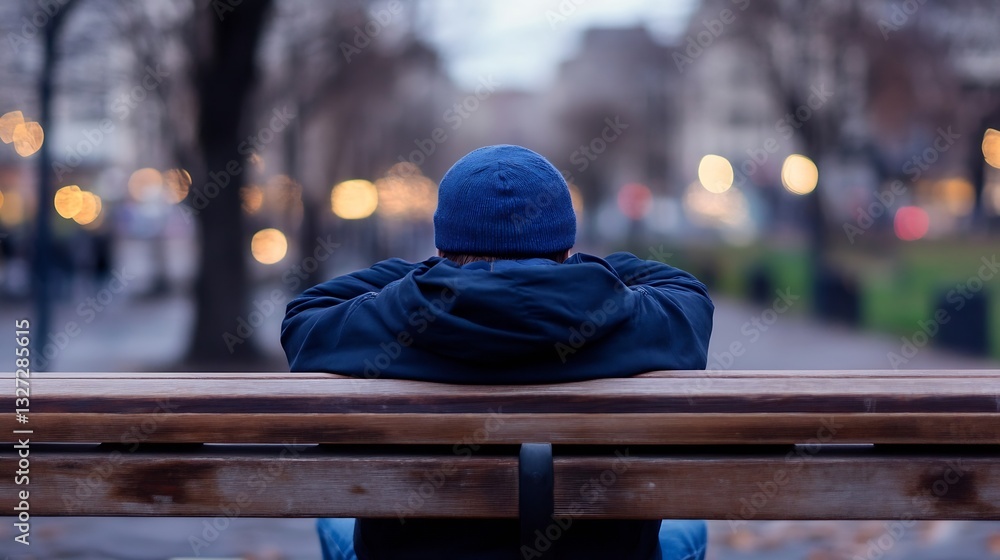 Aufkleber Back view of a man resting on a bench in a tranquil park setting with soft background lights in the evening : Generative AI