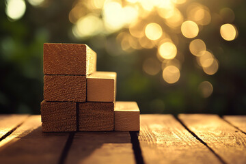 Wooden blocks stacked to form steps, representing the journey of success and growth in business or personal life with copy space on a blurred background.