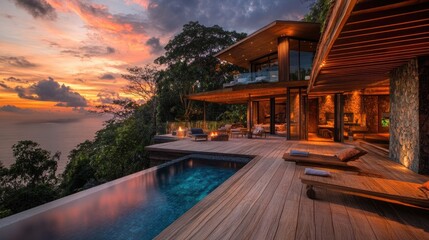 Fototapeta premium Elegant luxury retreat with a private pool, wooden deck, and a stunning sunset view.