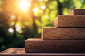 Wooden blocks stacked to form steps, representing the journey of success and growth in business or personal life with copy space on a blurred background.