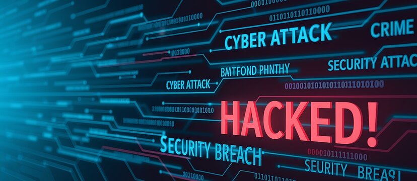 Cybersecurity Breach – Bold "HACKED!" Warning Amidst Digital Threats, network protection, information breach, online fraud, ethical hacking, security monitoring, cybersecurity incident response
