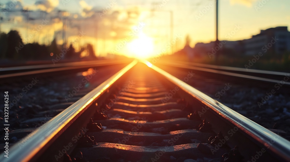 Poster dramatic sunset illuminating railway tracks leading into the horizon creating a stunning scene : gen