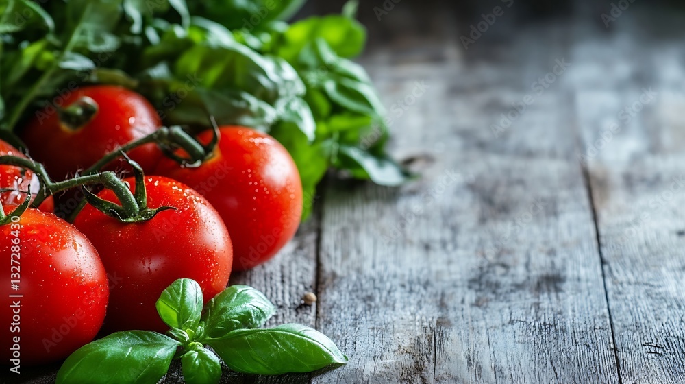 Poster fresh red tomatoes with lush green spinach leaves on rustic wooden table : generative ai