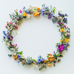 Wreath of colorful flowers on a white background