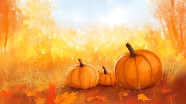 Autumn pumpkins in forest with falling leaves