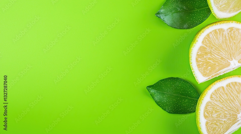 Poster fresh lemon slices with green leaves on a vibrant green background, creating a lively and refreshing