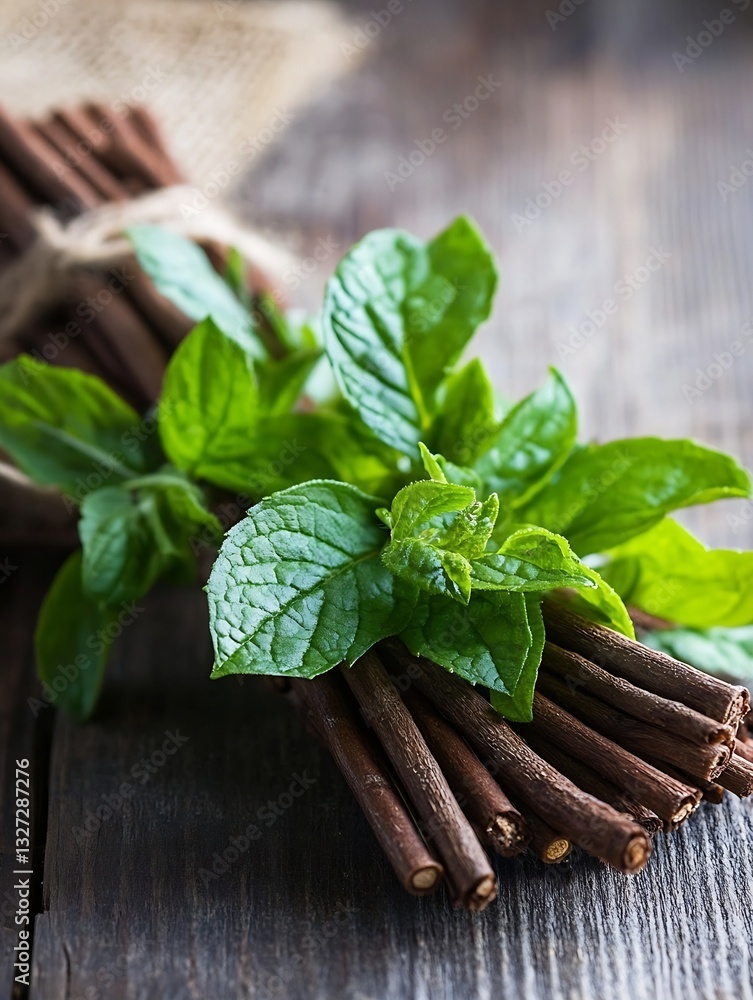 Poster fresh mint leaves and cinnamon sticks arranged beautifully on a rustic wooden background : generativ