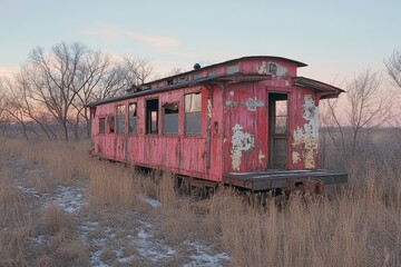 Obraz premium Abandoned railway caboose left in tall grass at sunset near a quiet rural track