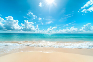 Fototapeta premium Gentle Waves Lapping on Sandy Beach Under Bright Blue Sky
