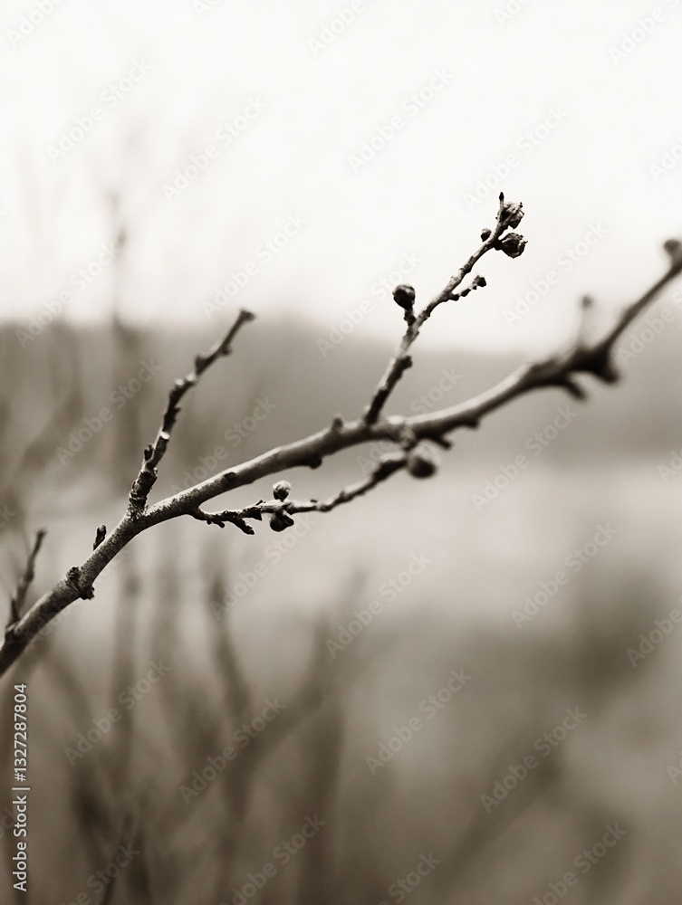 Poster artistic depiction of a slender tree branch with budding features in softly blurred background : gen