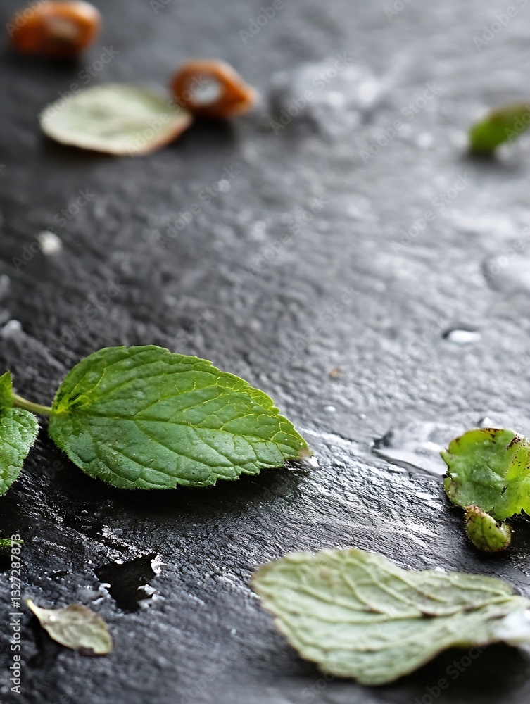 Poster Fresh mint leaves with water droplets on a dark background creating a vivid and refreshing culinary scene : Generative AI