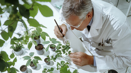 scientist examines plant samples in laboratory, showcasing research and innovation