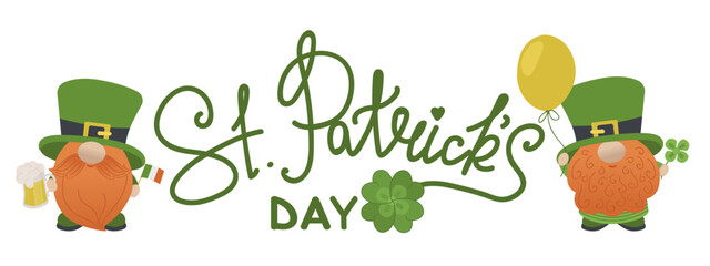 Bright banner dedicated to St. Patrick s Day. Elegant inscription and two funny leprechauns, gnomes, little people. Irish mythology, fantasy character of leprechaun for St. Patrick s Day. Isolated on
