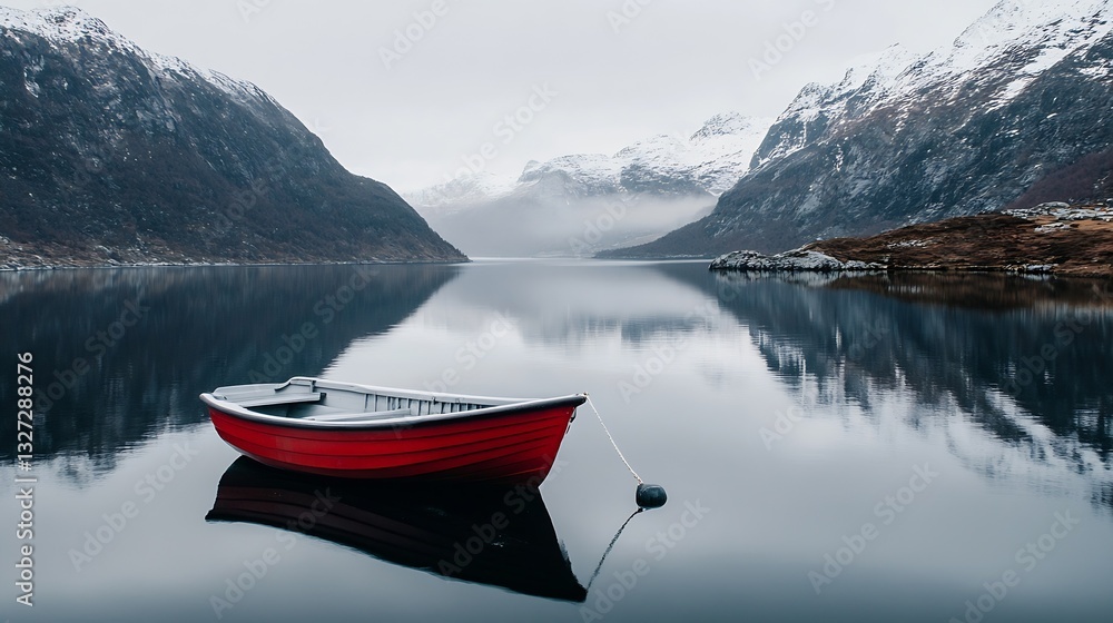 Poster Serene Red Rowboat on Calm Lake with Snowy Mountains in Background for Nature and Adventure Themes : Generative AI
