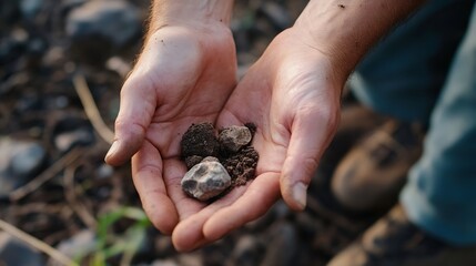 Person holding various stones and soil in their hands showcasing a connection to nature and the earth : Generative AI