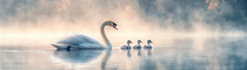 Mother swan with her adorable fluffy cygnets.