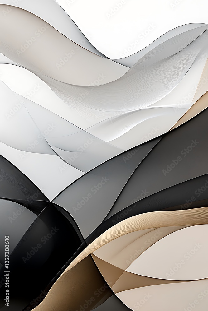 Poster abstract flowing design with monochrome and tan layered ribbon effect