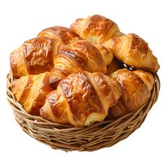 A basket full of golden croissants, perfect for breakfast or a delightful treat on transparent background, cut out, PNG 3D Digital Art, clip art.
