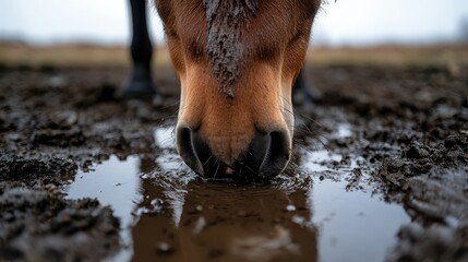 A majestic horse leans down to drink from a muddy puddle, emphasizing the bond between animal and nature while capturing the rustic charm of the landscape.