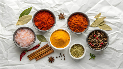 A Vibrant Collection Of Exotic Spices, Including Turmeric, Paprika, And Peppercorns, Arranged Artfully On A Crumpled White Background, Showcasing Their Rich Colors And Textures