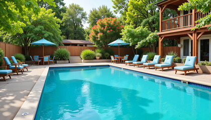 Inviting swimming pool area with lounge chairs and lush gardens, relaxation