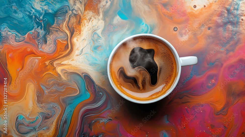 Poster a steaming cup of coffee resting on a colorful abstract surface