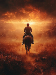 An iconic illustration of a cowboy riding into the sunset