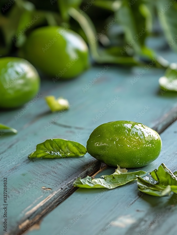 Aufkleber fresh green limes scattered on a weathered wooden table amongst vibrant green leaves creating a rust